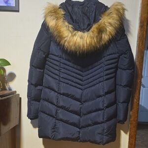 Women's Black Puffer Coat with Faux Fur Hood